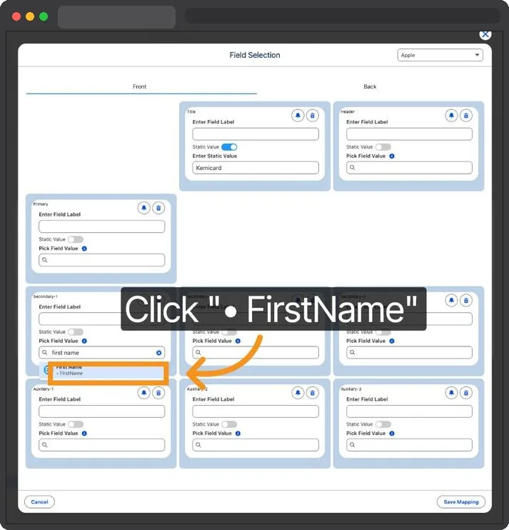 Kemicard Studio — Select First Name Field
