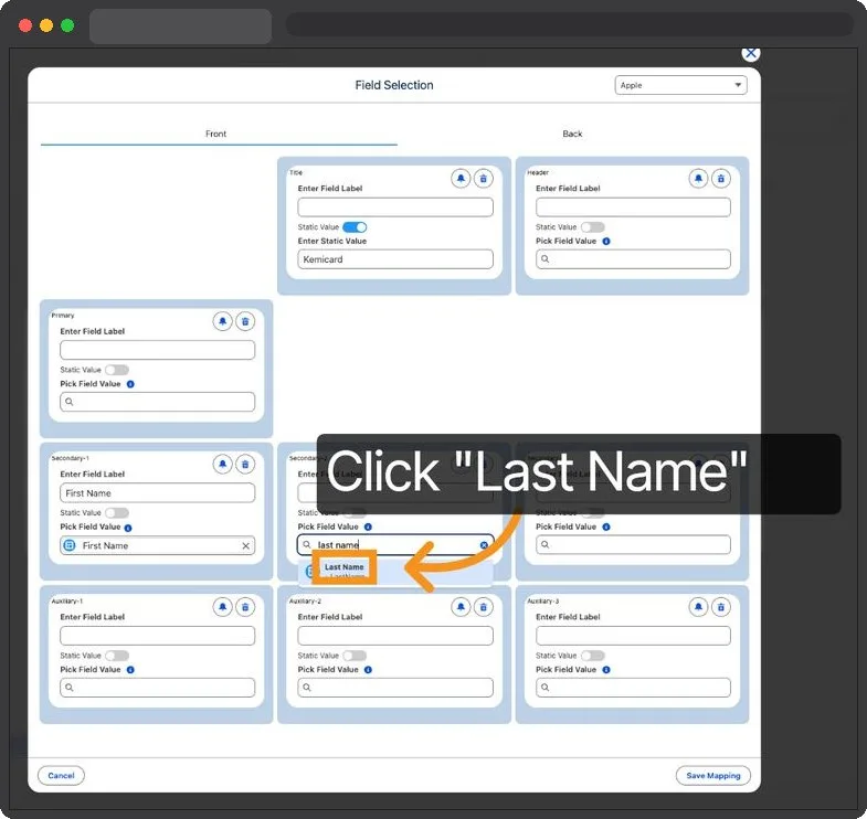 Kemicard Studio — Select Last Name Field