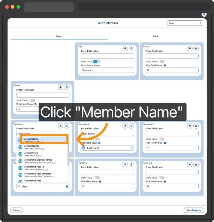 Kemicard Studio — Select Member Name Field