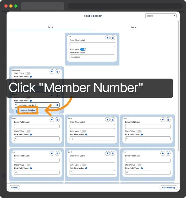 Kemicard Studio — Select Member Number Field