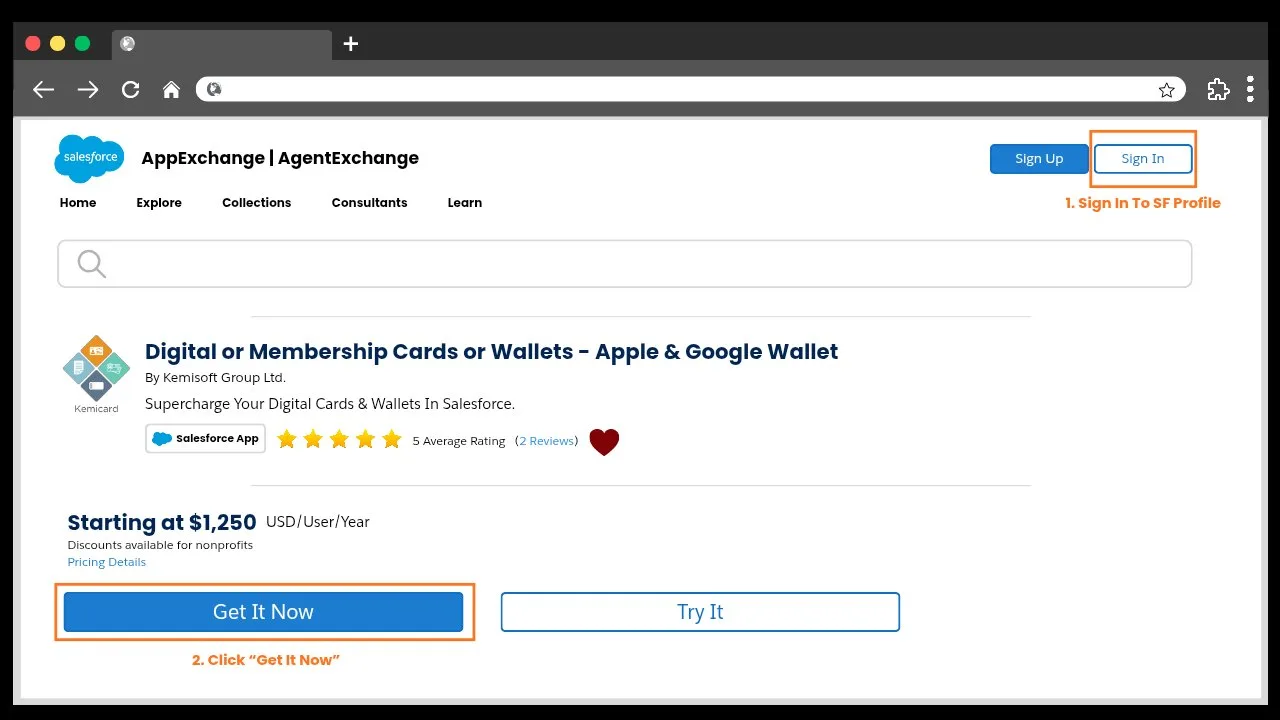 Get It Now on the AppExchange listing — log in with your Salesforce or Trailblazer account