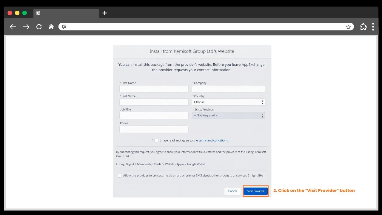 Click Visit Provider to continue to the installation portal
