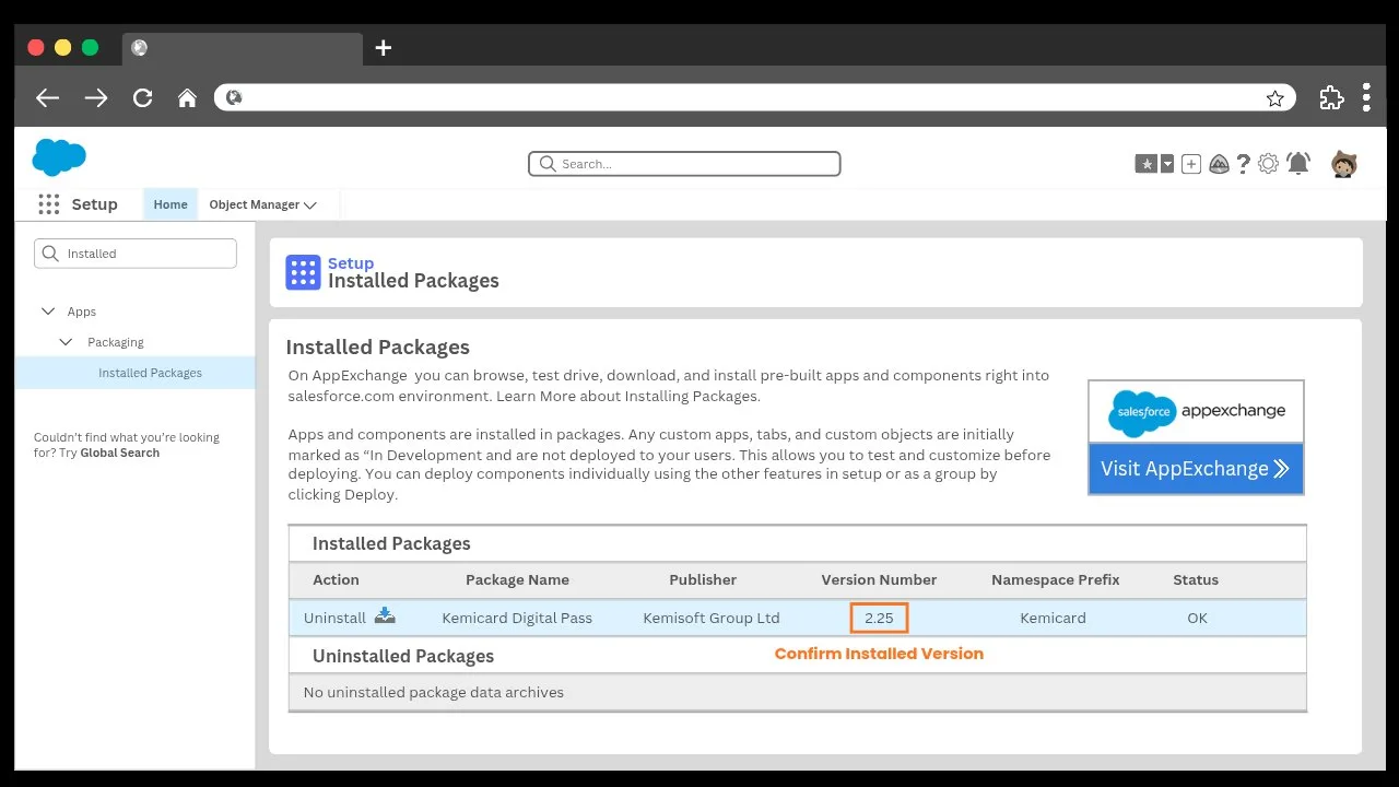 Setup → Installed Packages — confirm Kemicard and its version number