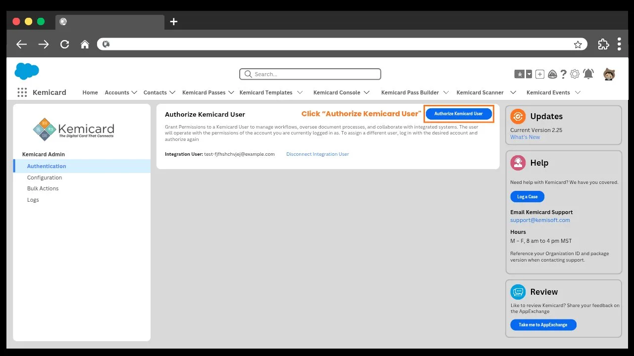 Click Authorize Kemicard user in the Kemicard Console