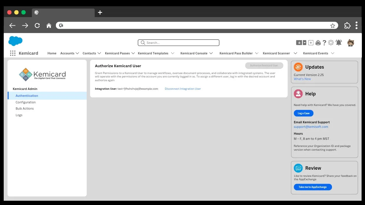 Authorization complete — Kemicard is installed and connected