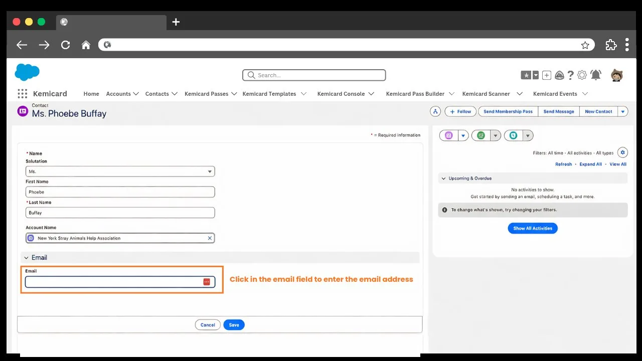Focus the Email field on the contact