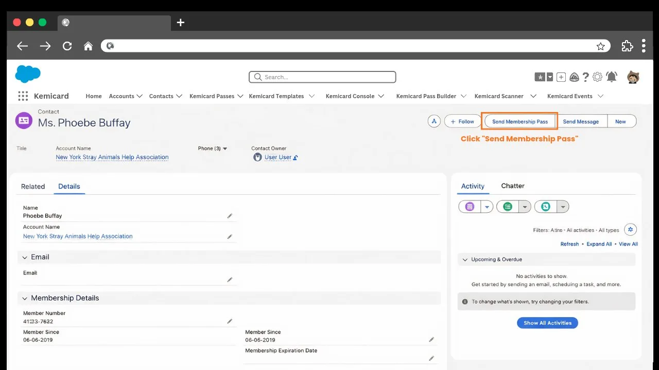 Click Send Membership Pass on the contact record
