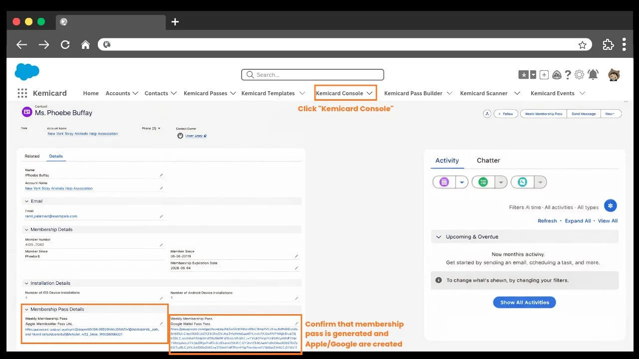 Confirm the Membership Pass and the Apple/Google Wallet pass URLs are generated