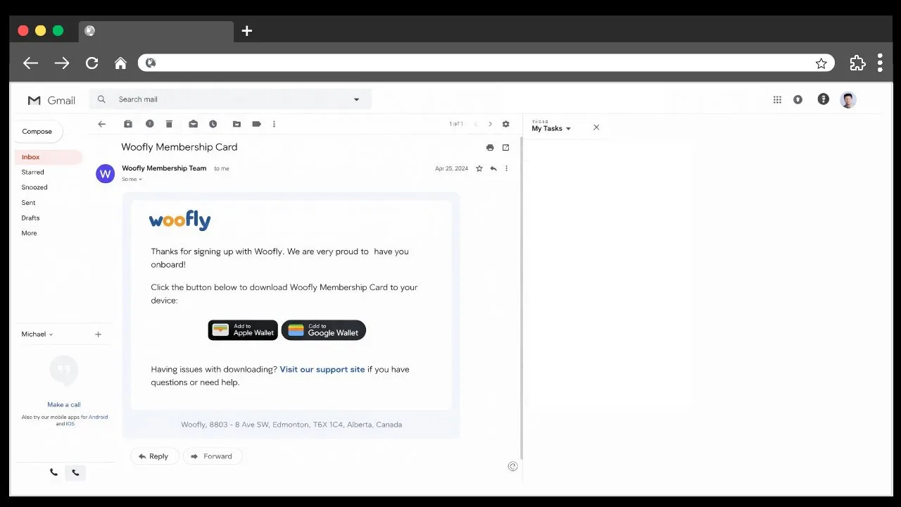 The enrollment email with Apple Wallet and Google Wallet download buttons
