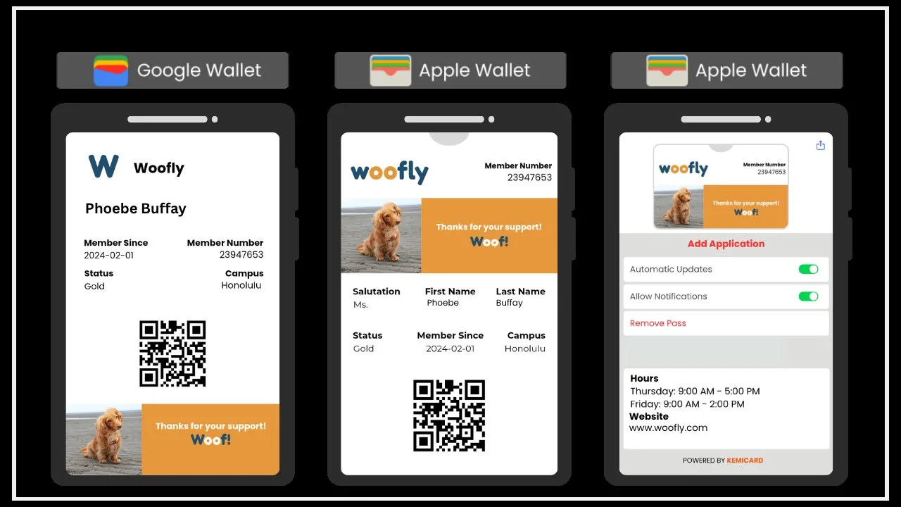 Sample Woofly membership passes installed on Google Wallet and Apple Wallet devices