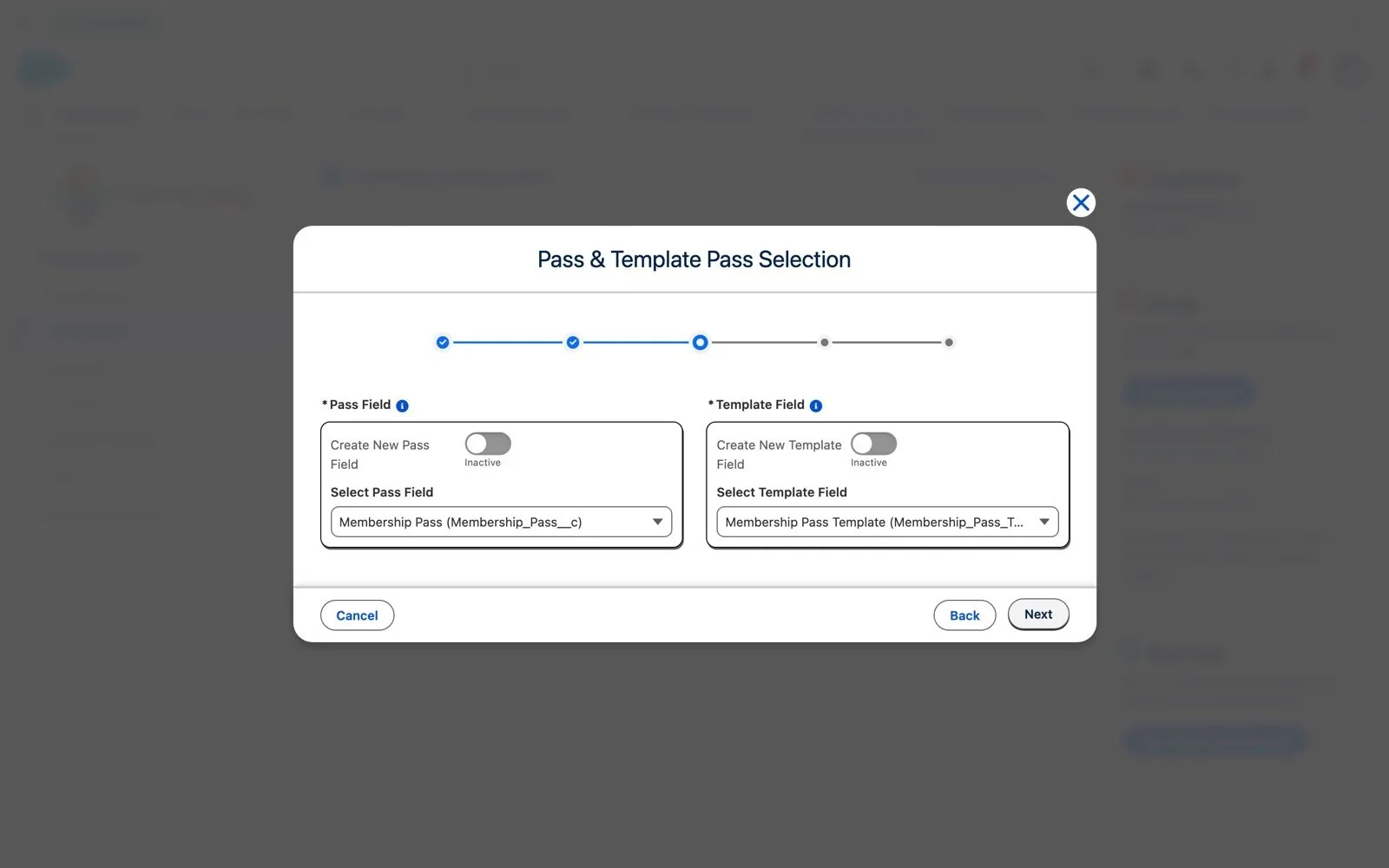 Configuration wizard Pass and Template Pass Selection step showing the Membership Pass and Membership Pass Template fields
