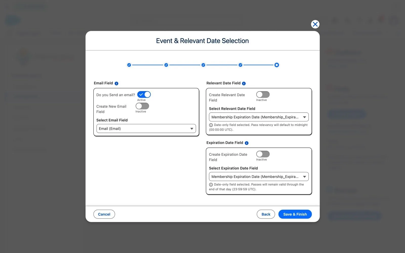 Configuration wizard Event and Relevant Date Selection step showing the Email field and the Membership Expiration Date field