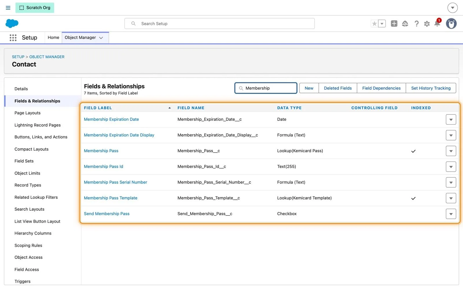 Contact Fields and Relationships filtered to Membership, showing Membership Pass and Membership Pass Template as lookups to Kemicard objects