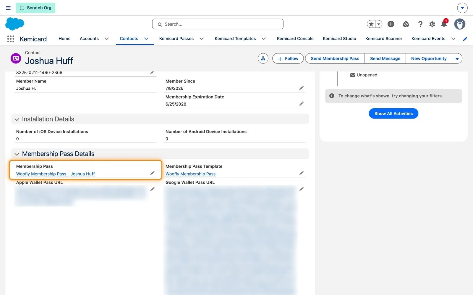 Contact record after Send Membership Pass, with the Membership Pass lookup filled in and the wallet link fields below