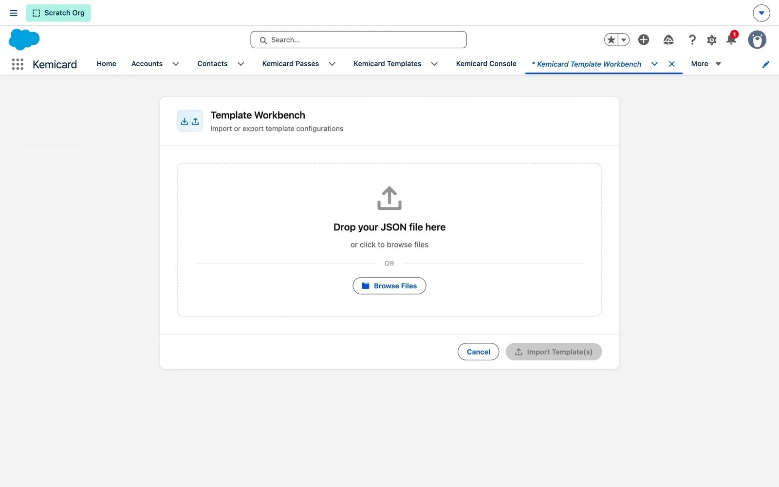 Template Workbench in production with a drop zone for the JSON file and an Import Templates button