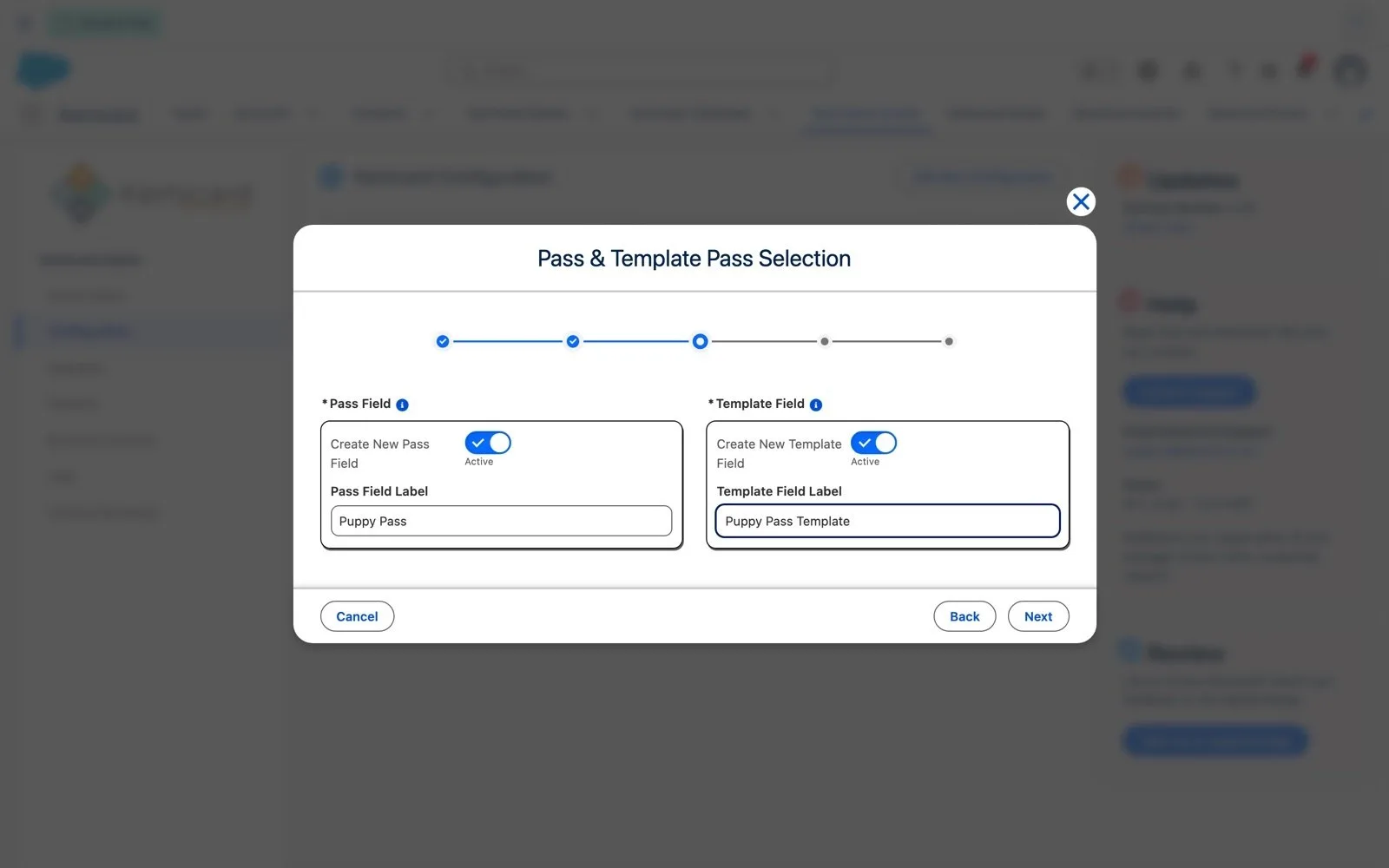 Configuration wizard Step 3 with Create New Pass Field and Create New Template Field turned on, labelled Puppy Pass and Puppy Pass Template