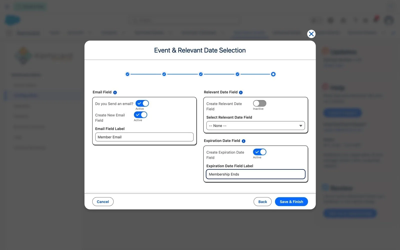 Configuration wizard Step 5 creating a Member Email field and a Membership Ends expiration date field