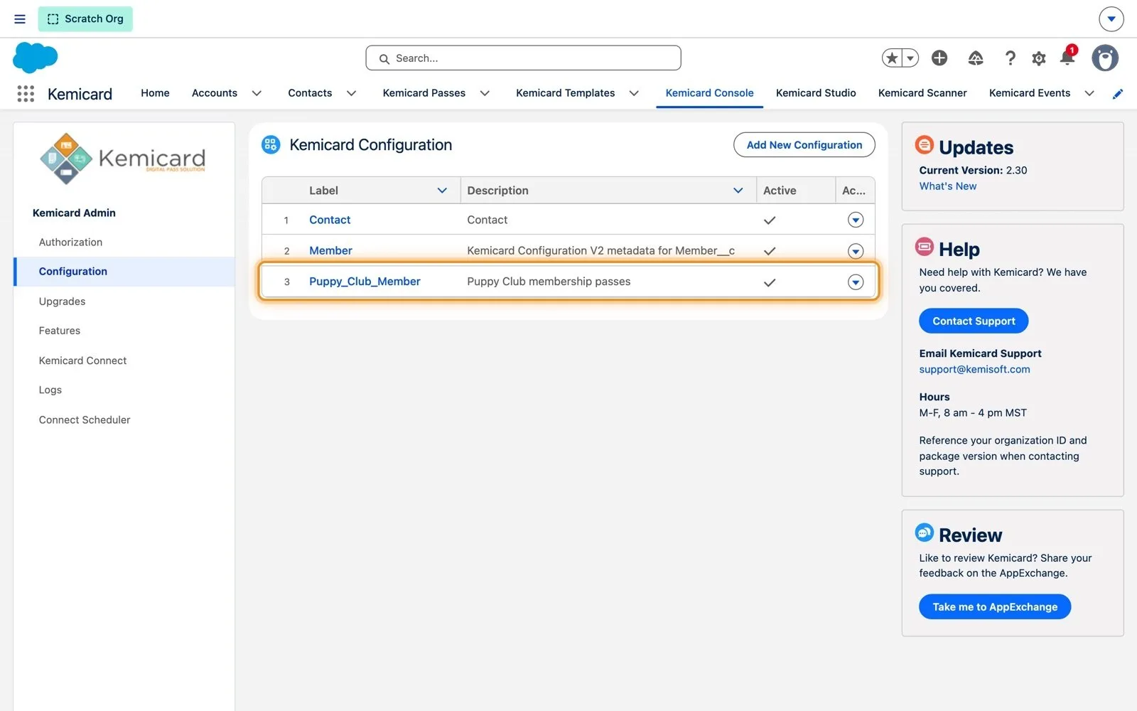 Kemicard Configuration list with the new Puppy_Club_Member configuration outlined