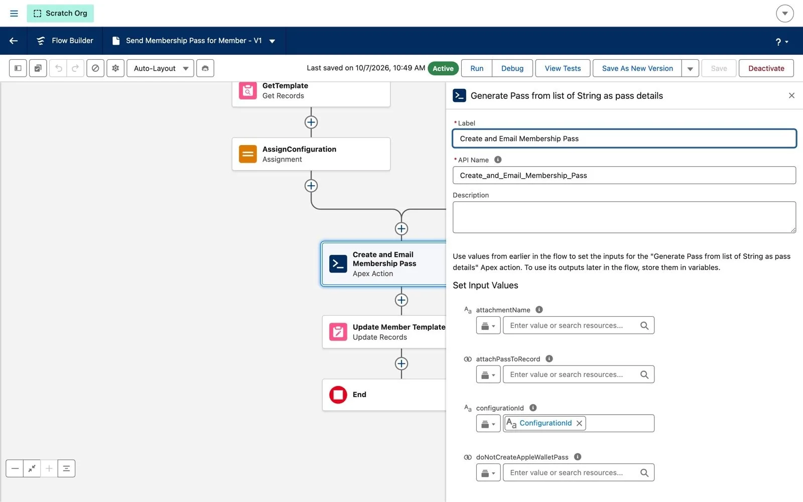 Flow Builder with the Create and Email Membership Pass Apex action and its input values
