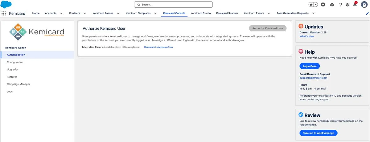 Kemicard Console → Authentication — the authenticated integration user after authorization