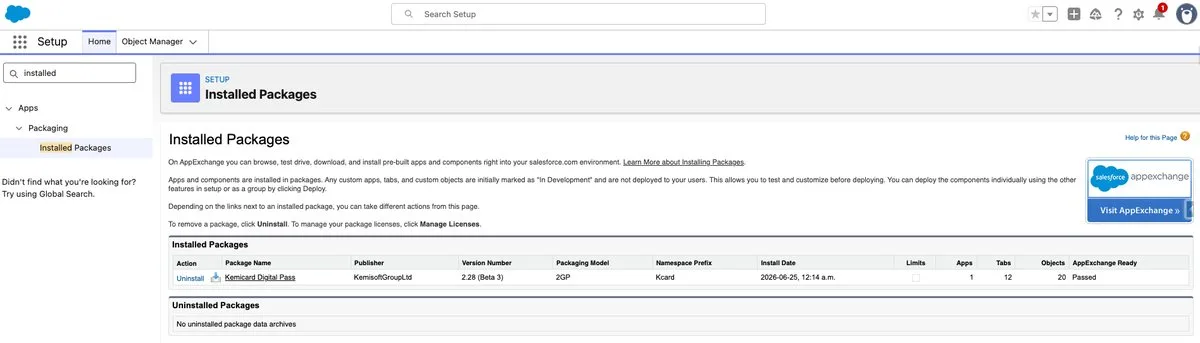 Setup → Installed Packages — confirm the version matches the installer page