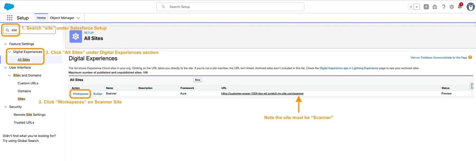 Salesforce Setup All Sites page with the Workspaces link for the Scanner site highlighted