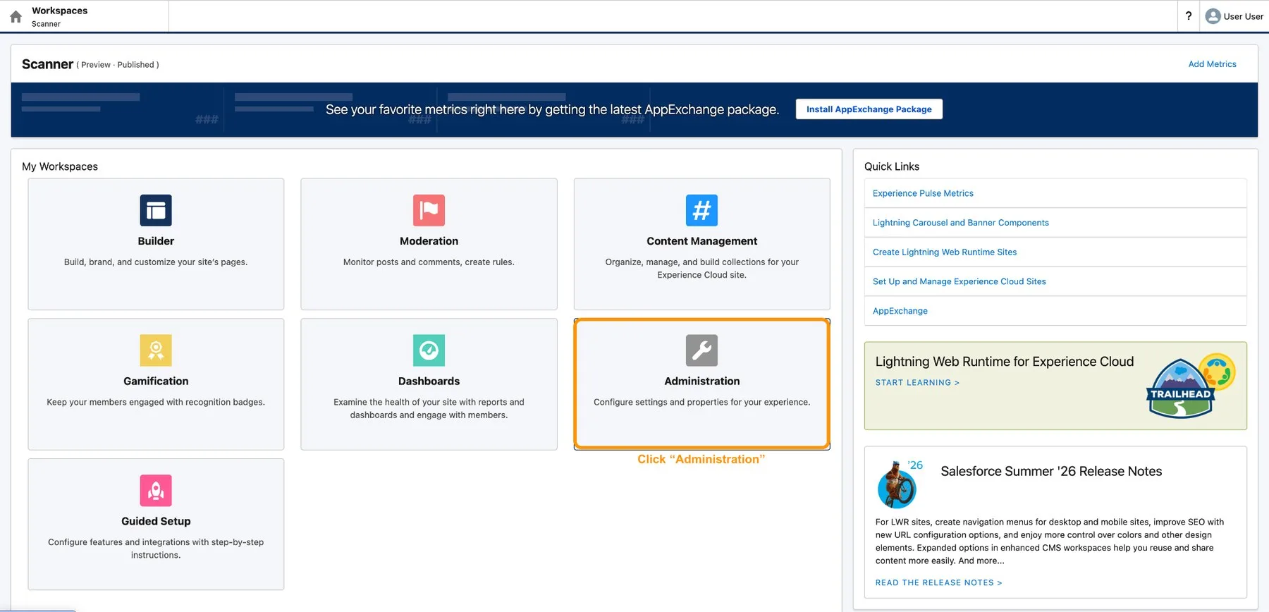 Experience Cloud workspace for the Scanner site with the Administration tile highlighted