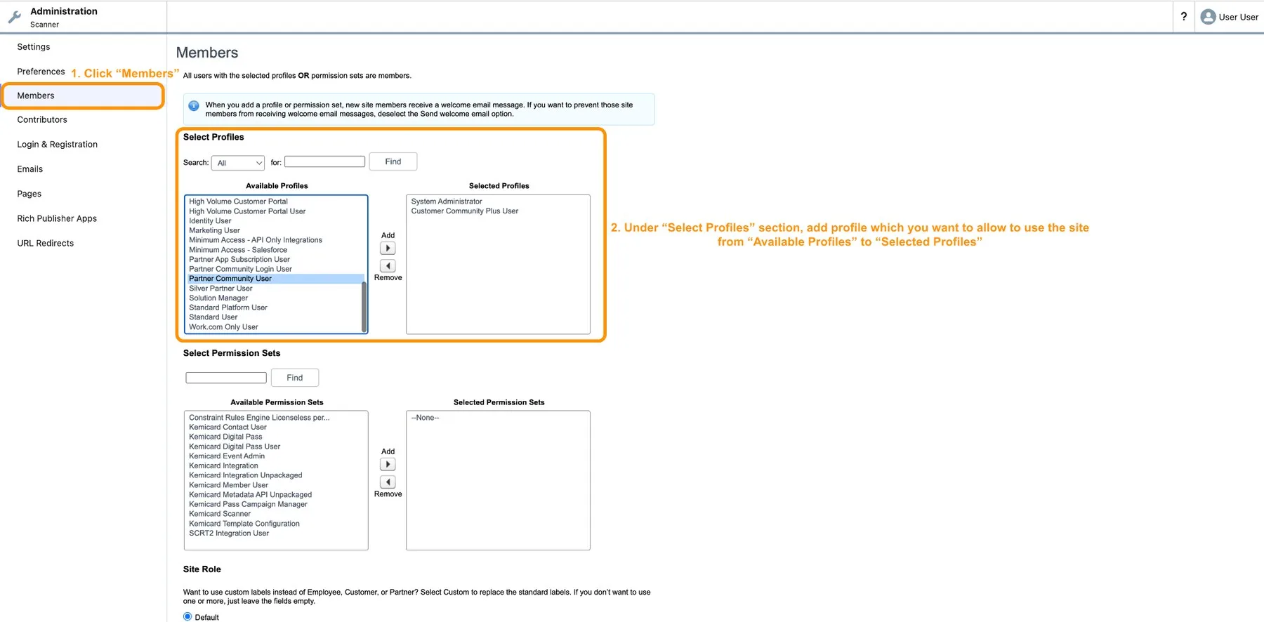 Administration Members page with the Select Profiles section highlighted