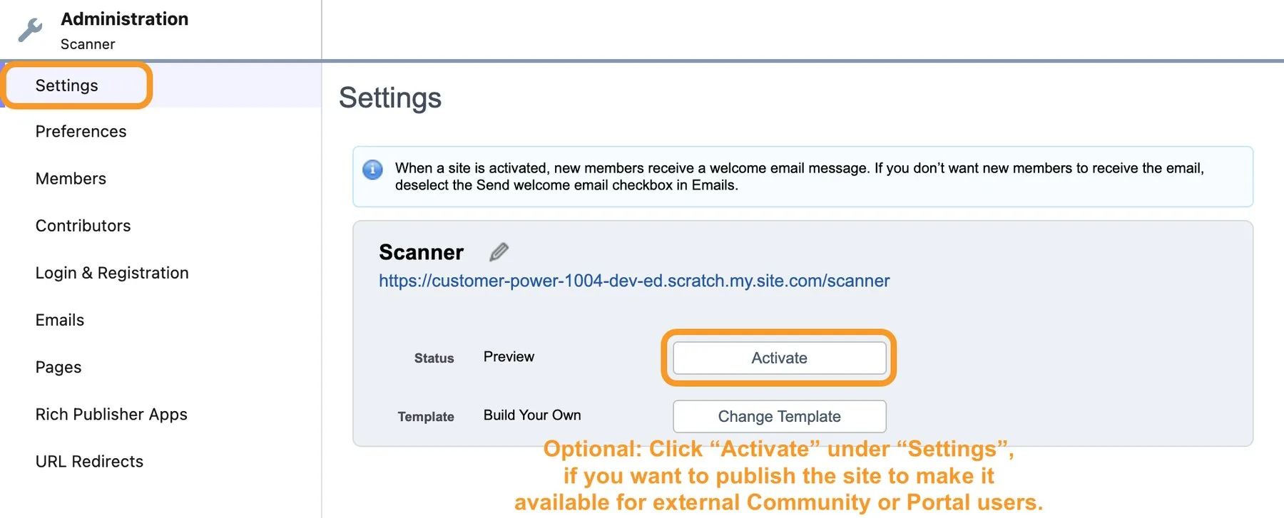 Administration Settings page for the Scanner site with the Activate button highlighted