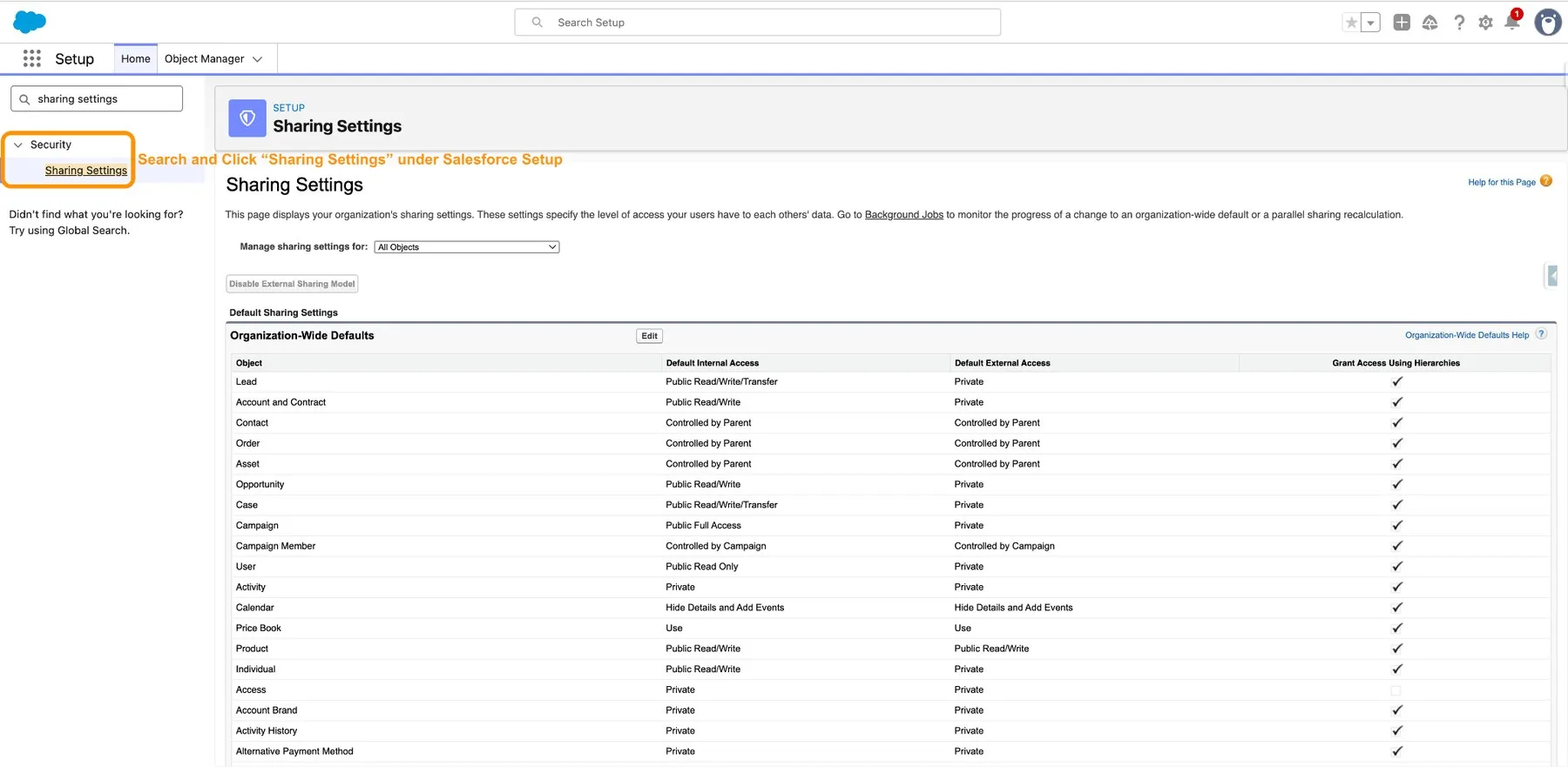 Setup Sharing Settings page showing the Organization-Wide Defaults list