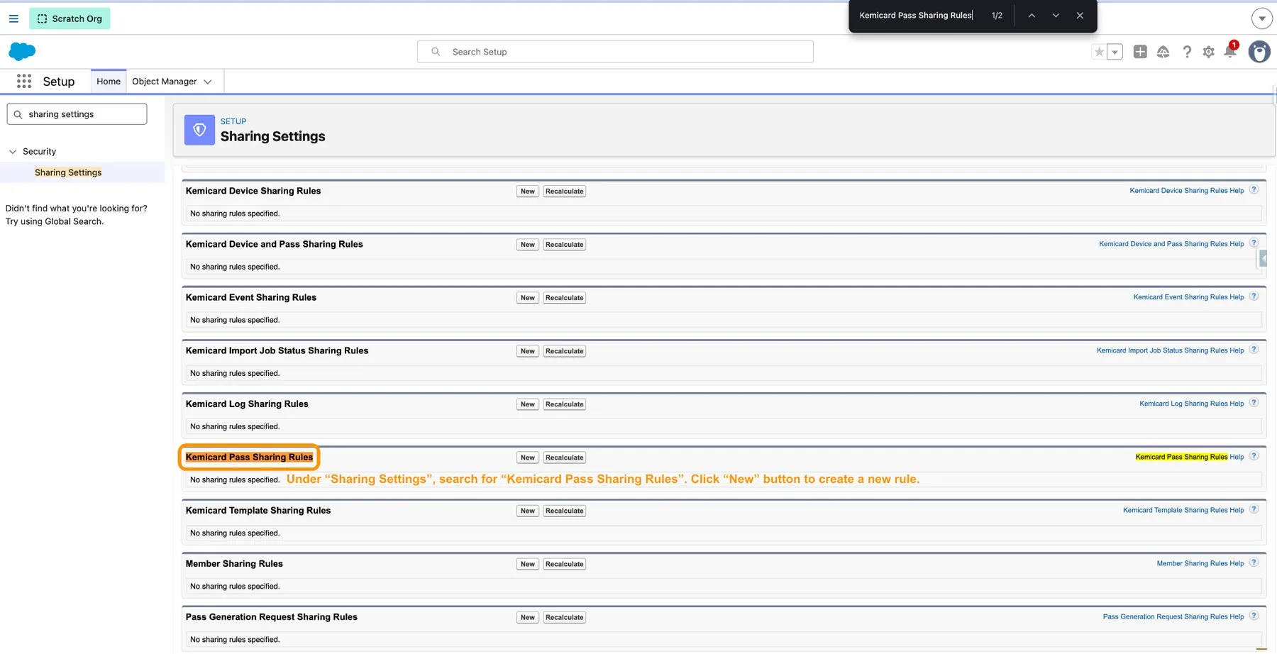 Sharing Settings with the Kemicard Pass Sharing Rules section and its New button highlighted