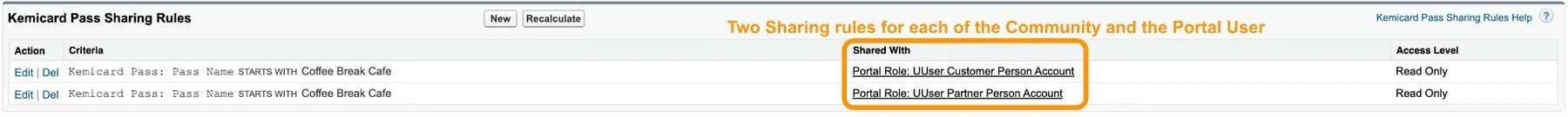 Two Kemicard Pass sharing rules, one for the Customer Person Account portal role and one for the Partner Person Account portal role