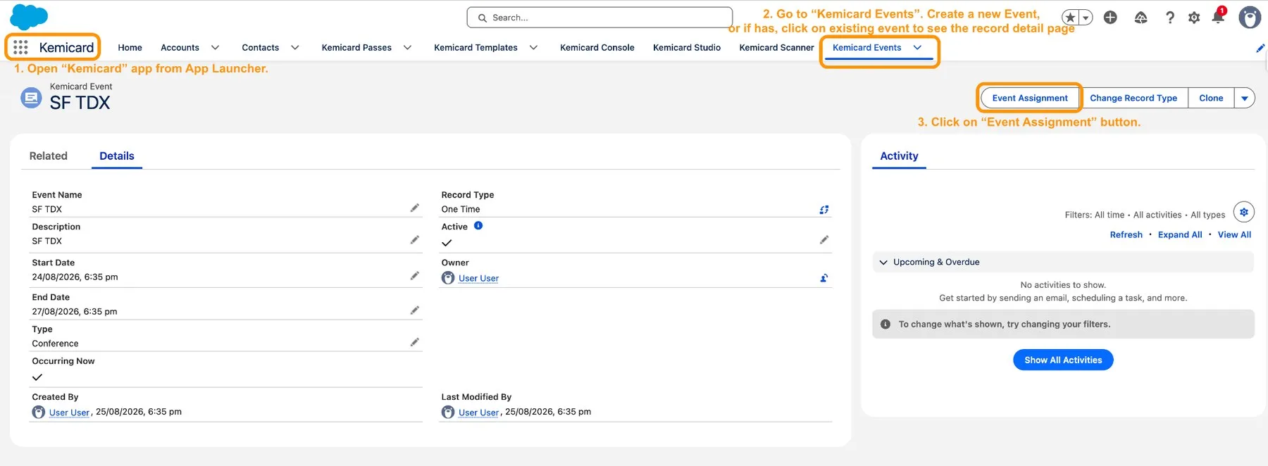Kemicard Event record for SF TDX with the Event Assignment button highlighted