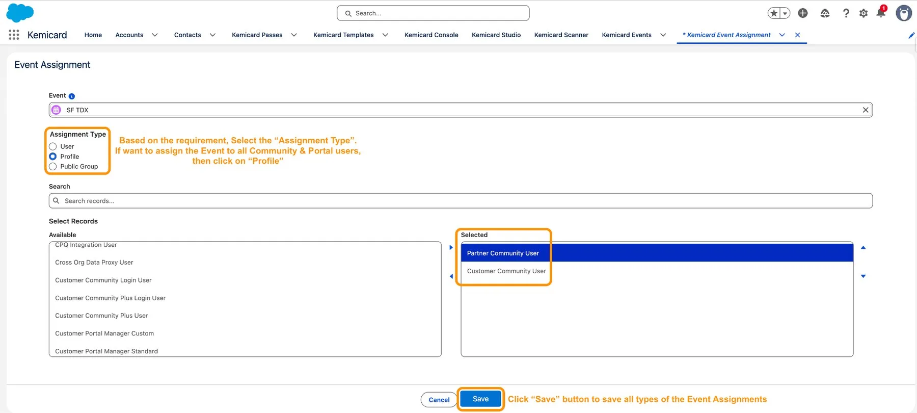 Event Assignment screen with Assignment Type set to Profile and the Partner Community User and Customer Community User profiles selected