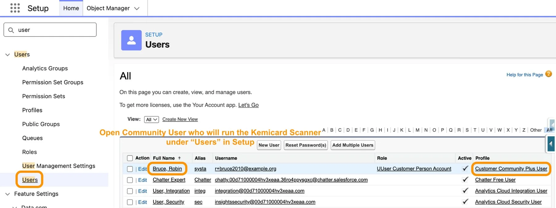 Setup Users list with a Customer Community Plus user highlighted