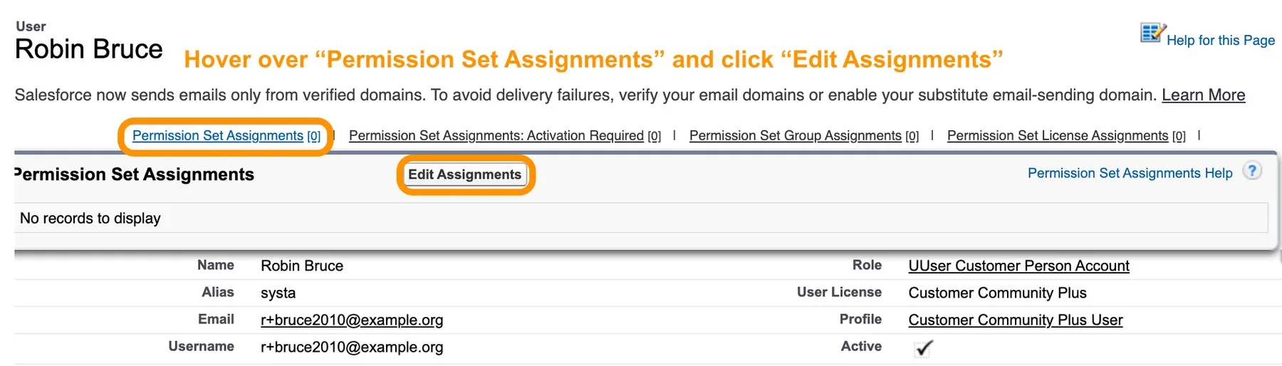 User record with the Permission Set Assignments section and Edit Assignments button highlighted