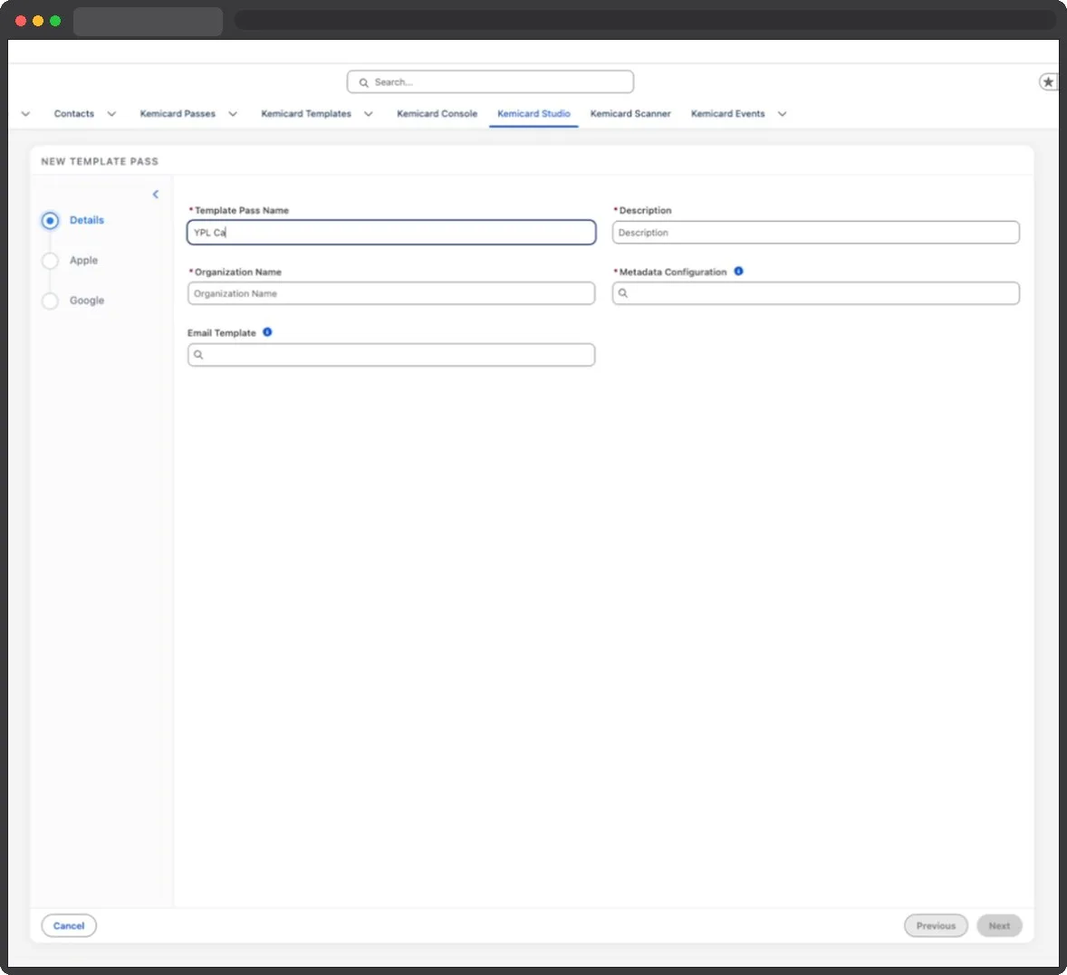 The New Template Pass details form in Kemicard Studio