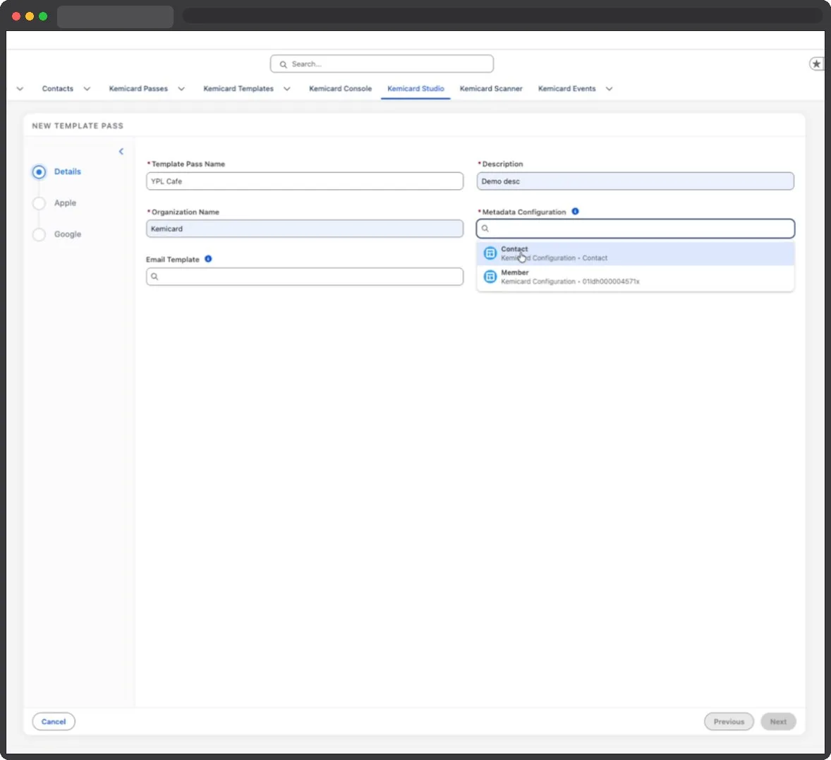 Choosing the Metadata Configuration, with Contact and Member options listed