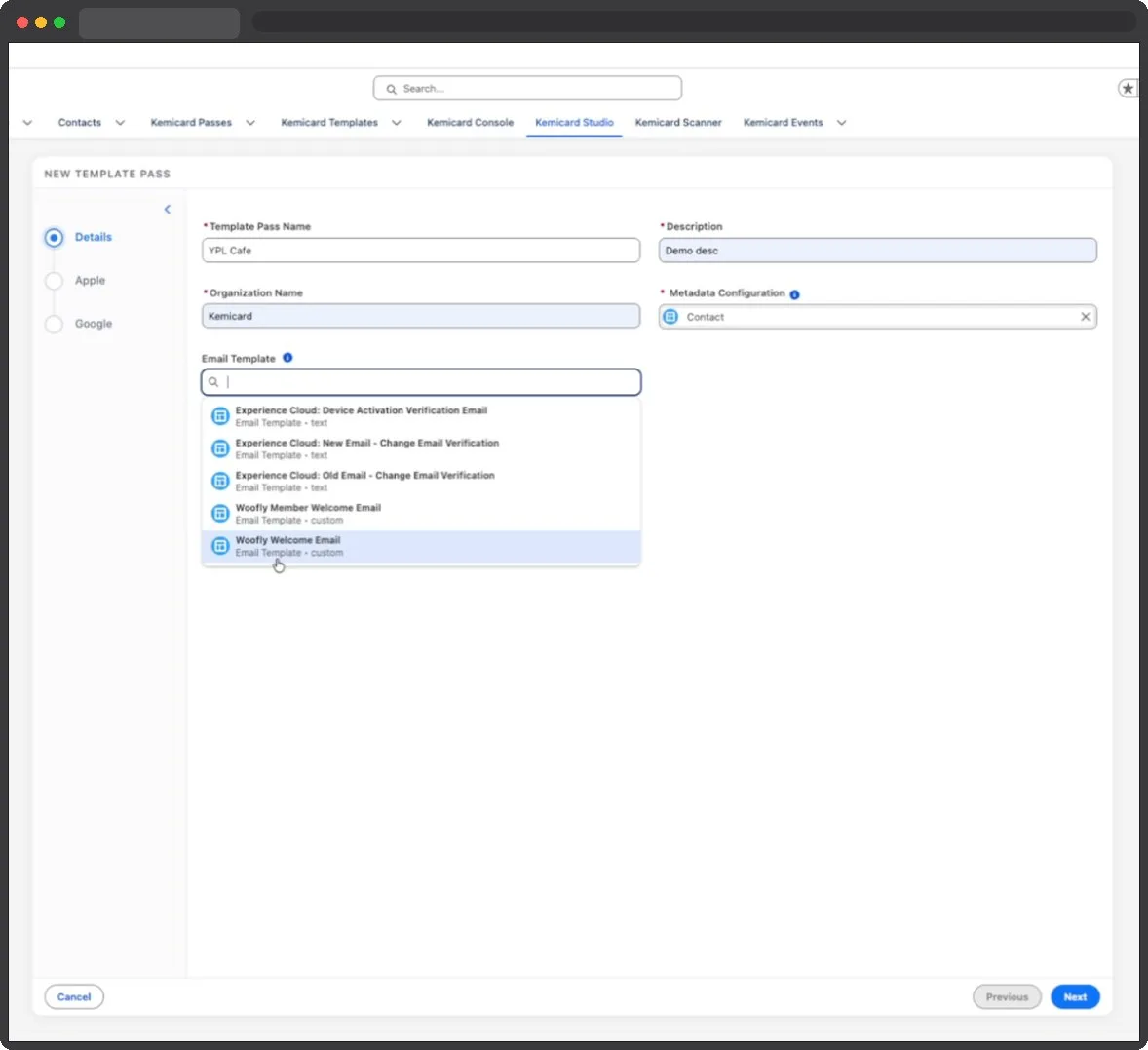 The Email Template picker on a Kemicard template, listing available enrolment emails
