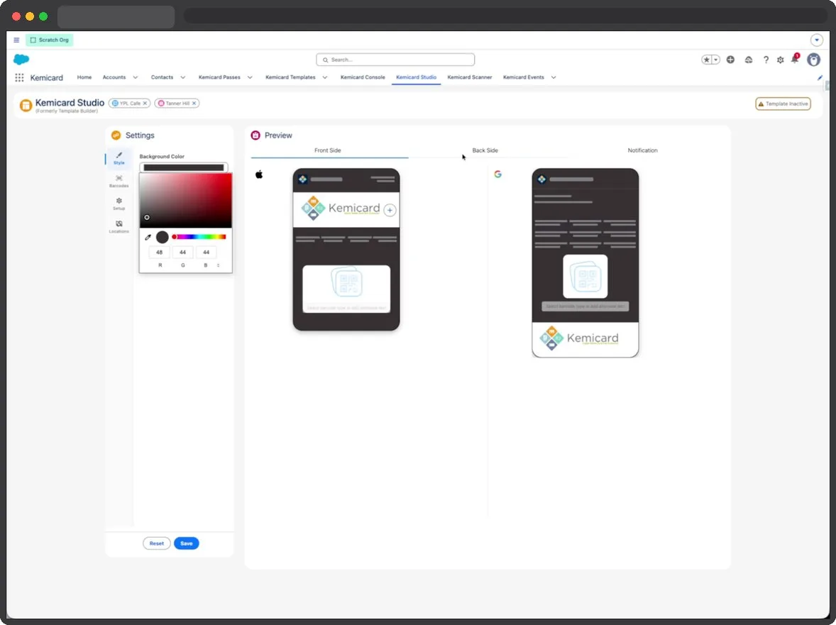 Kemicard Studio with the settings rail on the left and live Apple and Google previews on the right