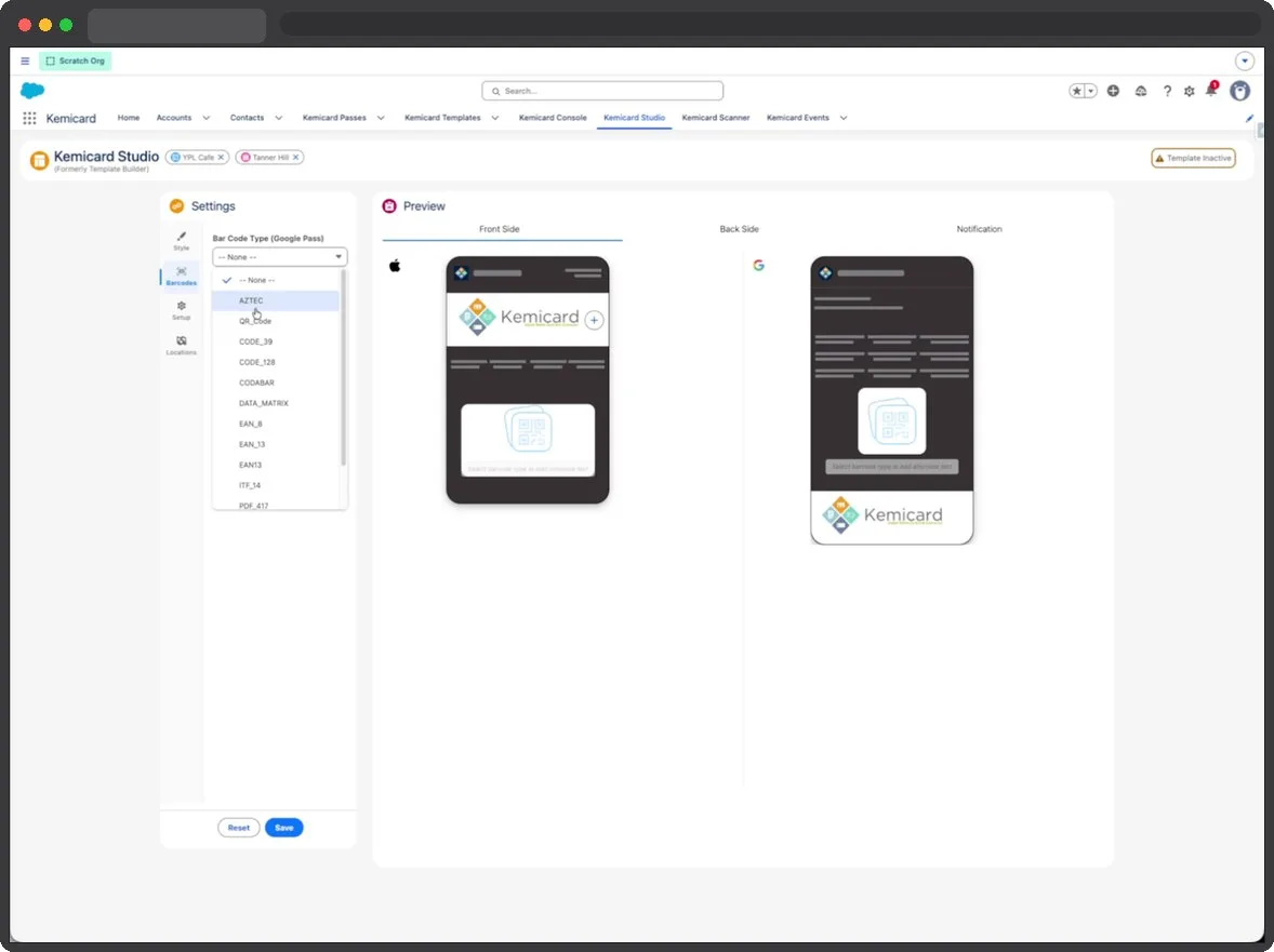 Choosing a barcode symbology in Kemicard Studio — QR, AZTEC, CODE_128, DATA_MATRIX and others