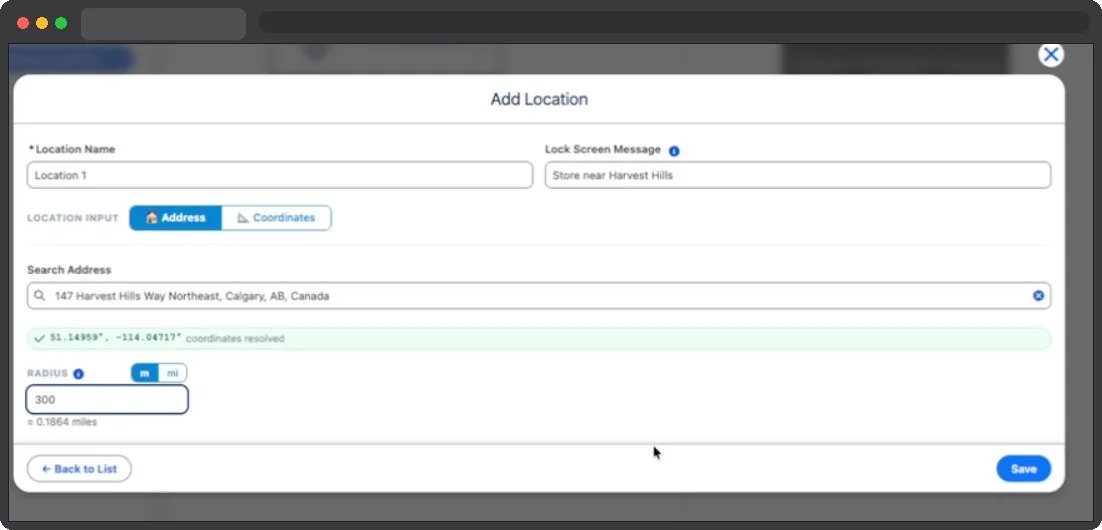 The Kemicard Add Location dialog in Salesforce, showing location name, lock screen message, resolved address and radius