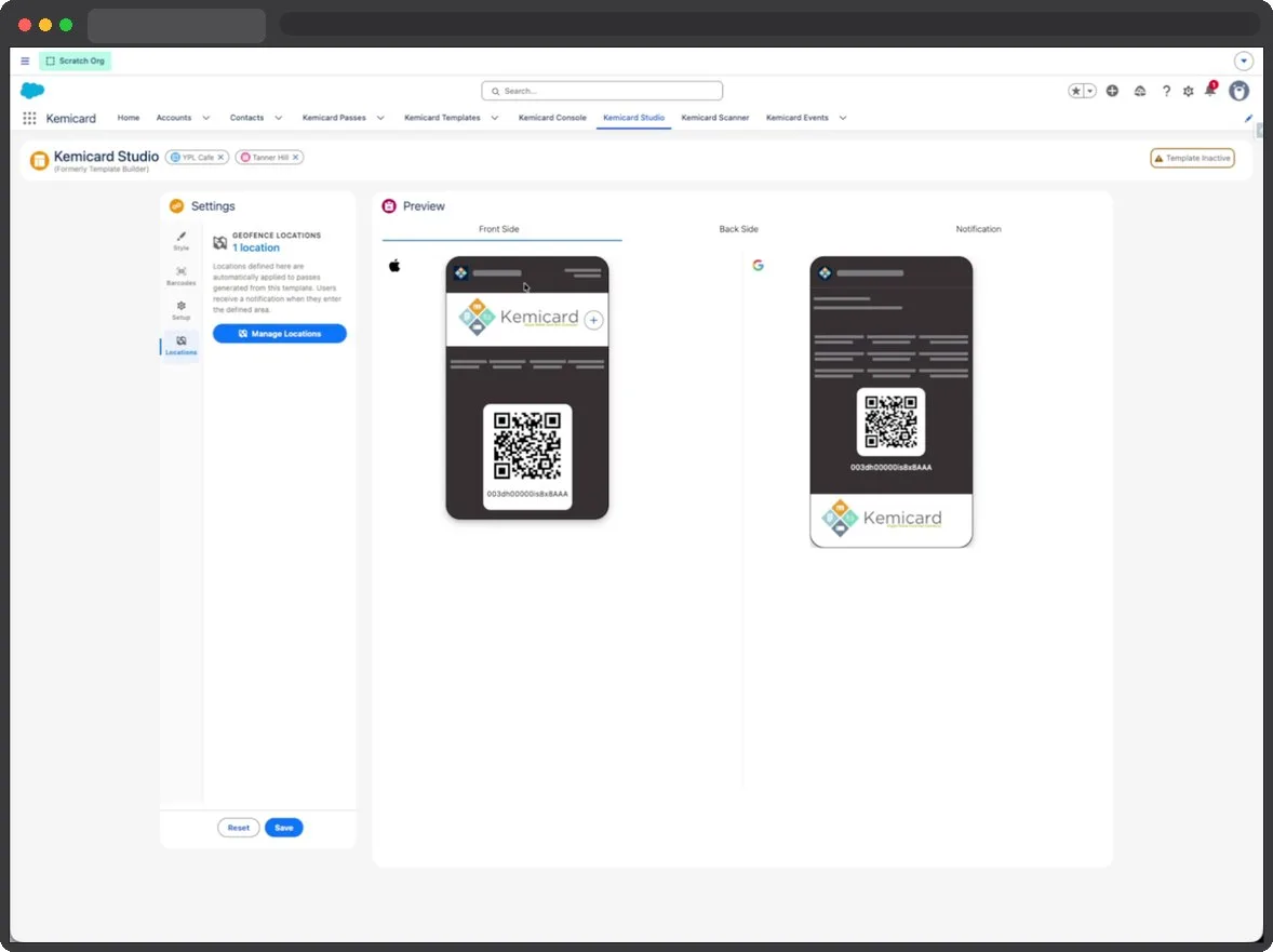 The Kemicard Studio settings rail now showing one geofence location configured on the template