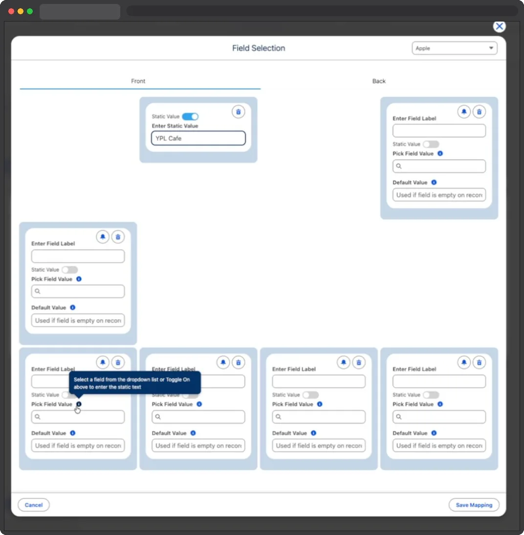 The Kemicard Field Selection dialog showing front and back columns with static values, field pickers and defaults