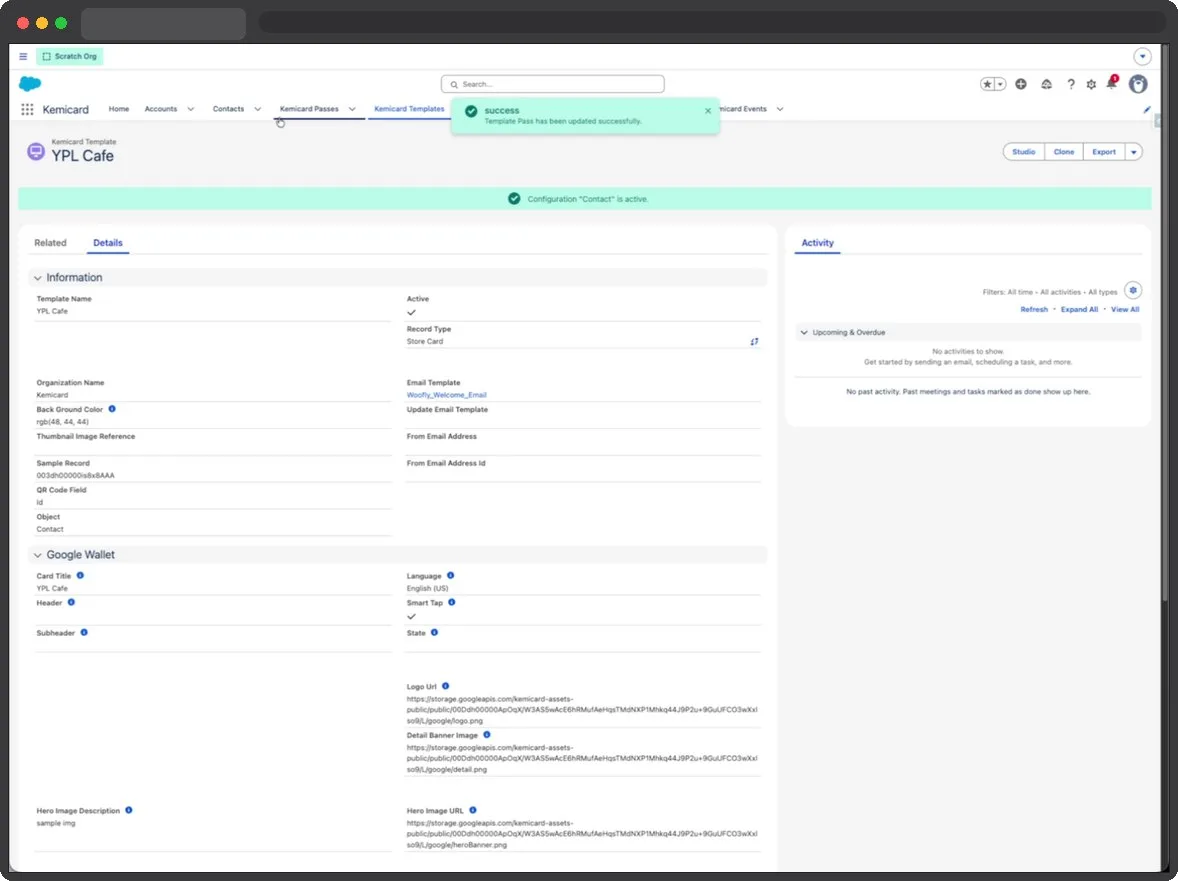 A Kemicard Template record in Salesforce showing template details and the Google Wallet field group