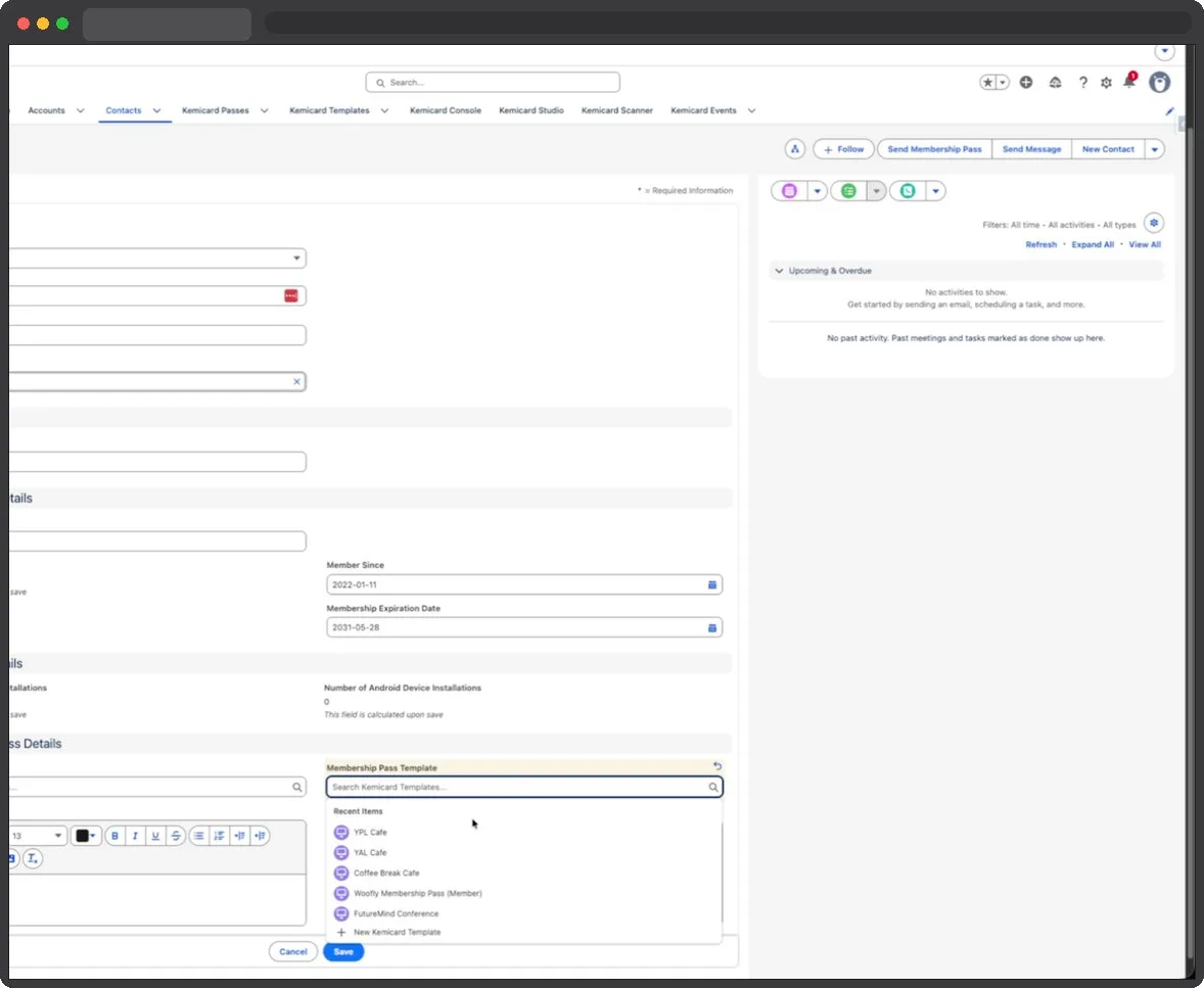 Selecting the Membership Pass Template on a Salesforce contact, with a recent-templates list