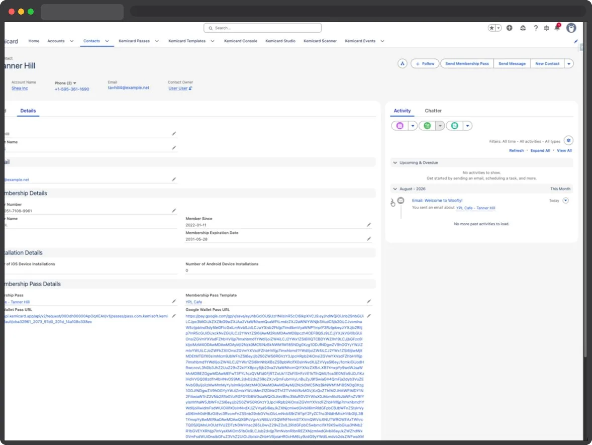 A Salesforce contact record showing the generated membership pass with Apple and Google Wallet URLs and installation counts