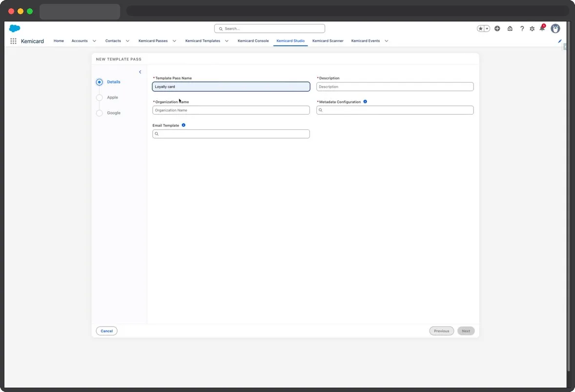 Kemicard Studio — Enter Template Name