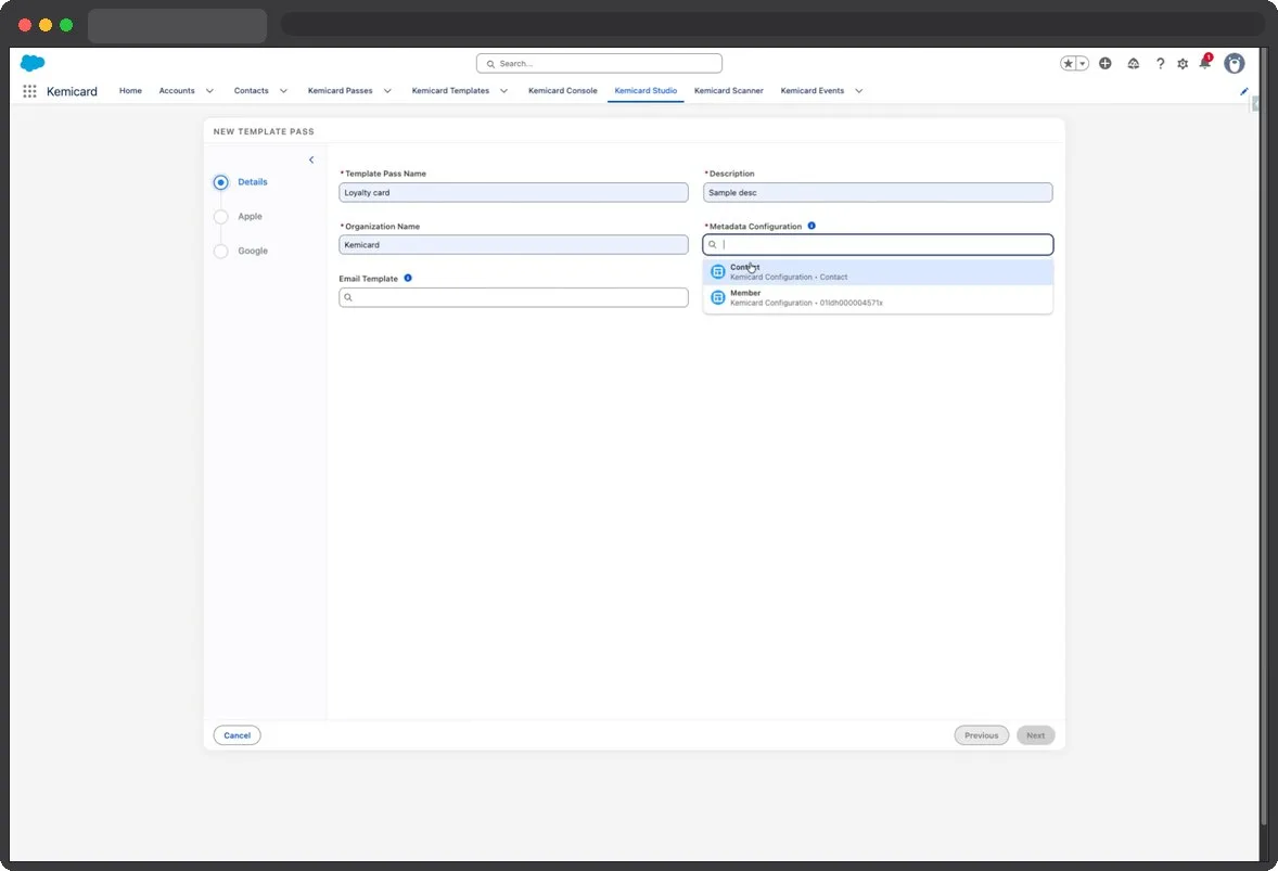 Kemicard Studio — Select Contact Metadata