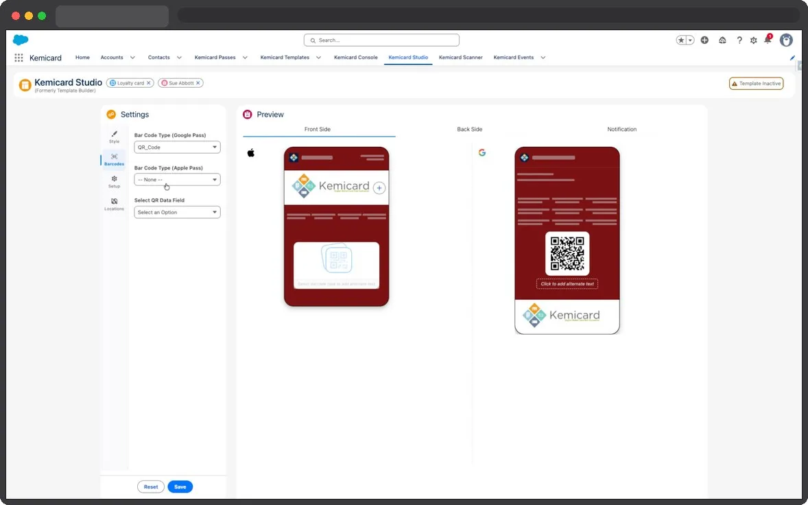 Kemicard Studio — Select Apple Barcode Type